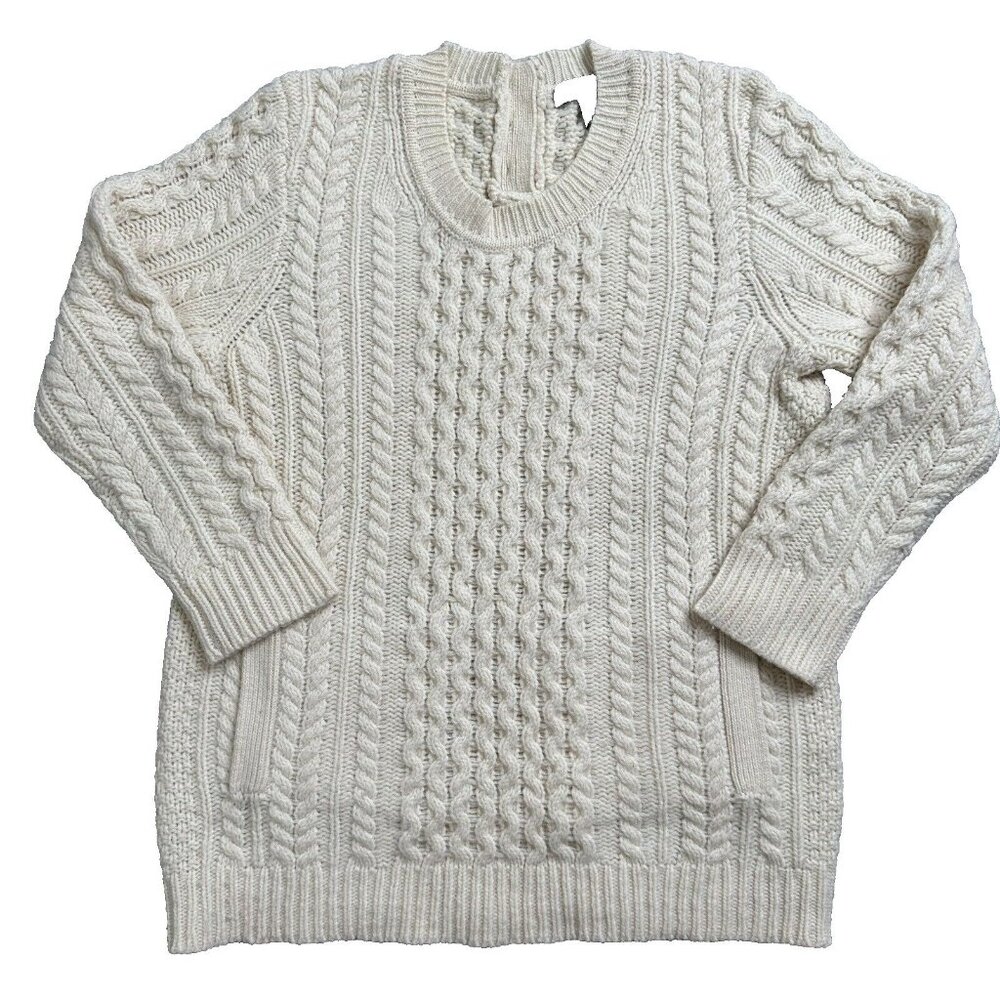 J. Crew Women's 100% Wool Fisherman Cable Crew Neck Sweater Pockets Sz XS Cream
